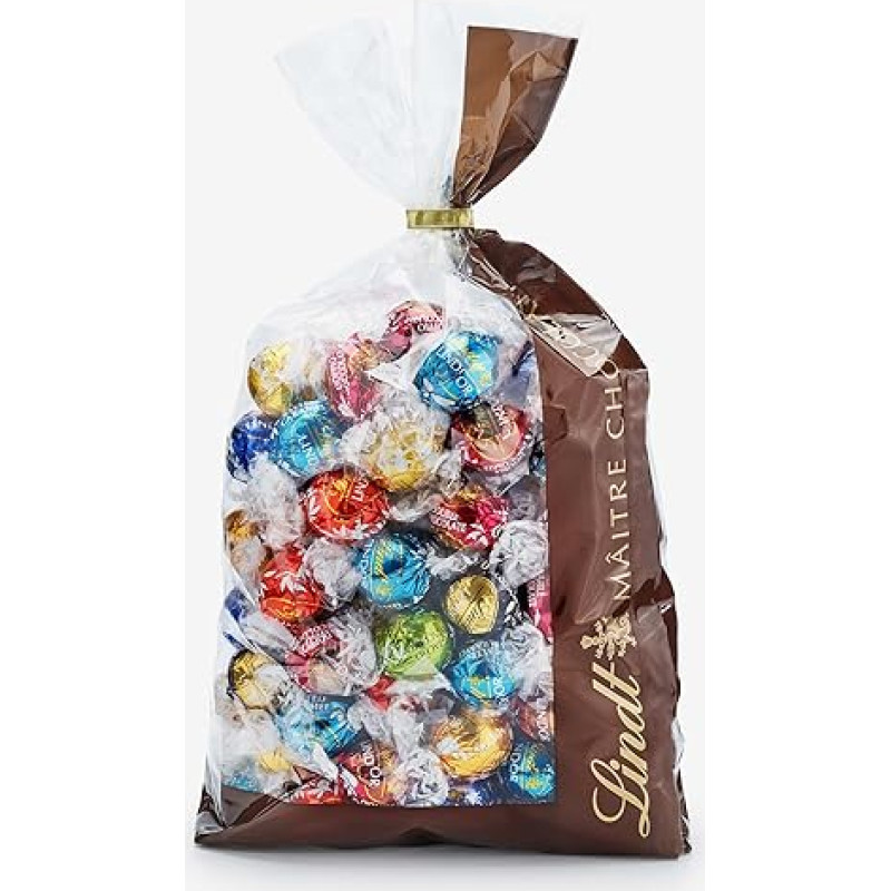 Lindt šokolado LINDOR mišinys, 1371 g, apie 109 rutuliukų: Šokoladas: pieninis, 70 %, baltasis, pieno ir baltasis, 