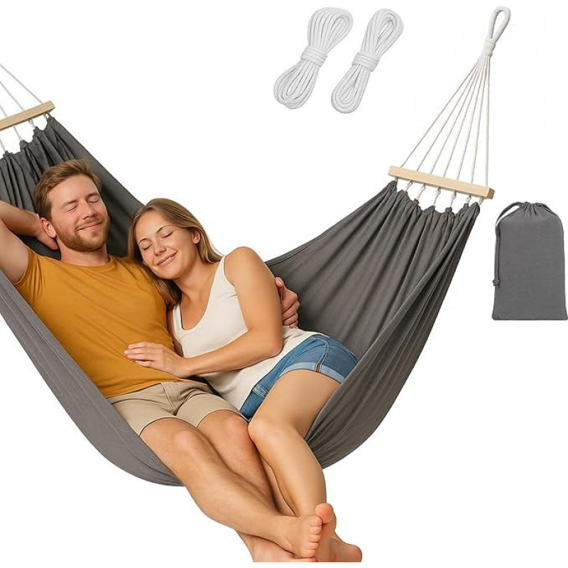 Itin didelis medvilninis hamakas su virvėmis Hamakas sodo, terasos, kempingo, lauko, vidaus patalpose, 200 kg apkrova, 150 x 280 cm (pilkas, XXL)
