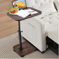 Height-Adjustable C Table with 360° Turntable & 4 Wheels - Swivel Table for Sofa, Bed & Small Rooms - Mobile Side Table with Parking Brakes (Walnut)