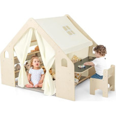 DREAMADE Children's Indoor Tent with Mat and Children's Table & Chair Set and Storage Box, Play Tent Children's Play House, Indoor Wooden Playhouse for Children from 2 Years (Large with 6 Boxes)