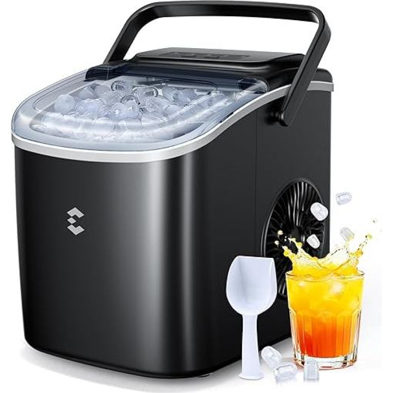 Eiswürfelmaschine Klein, Schlankes Design, 8 Eiswürfel in 6 Minuten, 12 KG/24H, 2 Eiswürfelgrößen, Selbstreinigende Ice Maker, Ideal für Küche, Büro, Bar, Partys - Schwarz