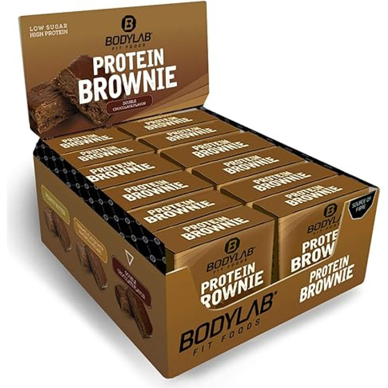 Bodylab24 Protein Brownie Double Chocolate 12 x 50 g, daug baltymų turintis užkandis su 12 g baltymų viename pyragėlyje, baltyminis užkandis, pagamintas iš išrūgų baltymų koncentrato, pieno baltymų izoliato ir kalcio kazeinato