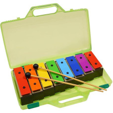 A-Star Colourful Glockenspiel Set of 8 Soprano Rainbow Diatonic Chime Xylophones in Green Hard Case with Two Beaters - C6 to C7