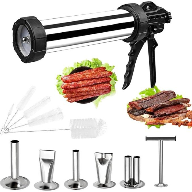 Jerky Maker Pistolen-Set mit 6 Edelstahldüsen und Reinigungsbürste,Wurstfüller，Jerky Gun für Hackfleisch ,professionelles Fleischfüller-Set