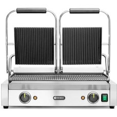 HENDI Contact Grill, Double Grooved Design, Includes Grill Cleaning Brush, Temperature Adjustable up to 300°C, Grill Surface 480 x 235 mm, Electric Grill, 230 V/3600 W, 570 x 375 x (H) 216 mm, Stainless Steel