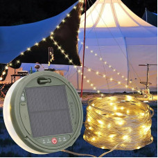 Saulės stovyklavimo grandinės žibintai, 12M 120 LED lauko styginių žibintai su 8 apšvietimo režimais, greitas saugojimas, pakuojami žibintai 3600mAh maitinimas, C tipo įkrovimas, nešiojami