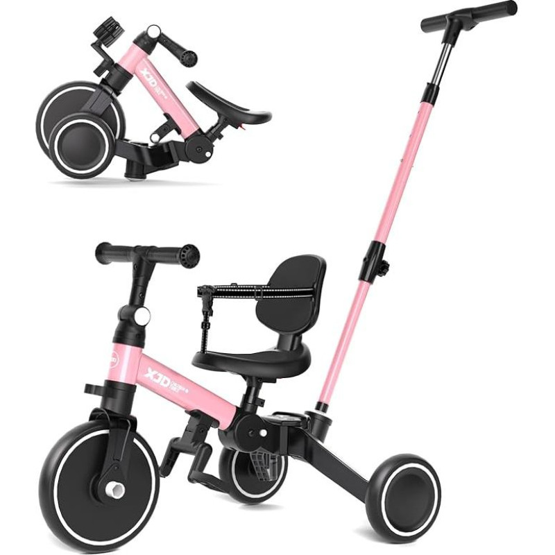 XJD 5-in-1 triratukas, balansinis dviratukas nuo 1 metų su stūmimo juosta 1-4 metų vaikams, balansinis dviratukas su nuimamais pedalais ir reguliuojama sėdyne, vaikiškas triratukas, vaikiškas dviratukas (rožinis)