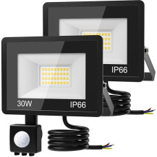 30 W LED prožektorius su judesio jutikliu lauke, 3000 LM itin ryškus LED prožektorius lauke, 6500 K šaltai balta spalva, IP65 vandeniui atsparus lauko prožektorius sodui, garažui, kiemui, 2 vnt.