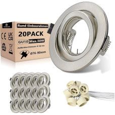 20 LED įleidžiamų prožektorių rinkinys GU10 rėmelis Didelis pasukamas apvalus įleidžiamas prožektorius 230 V šlifuotas nerūdijantis plienas Skersmuo 98 mm Skylės dydis 76-90 mm