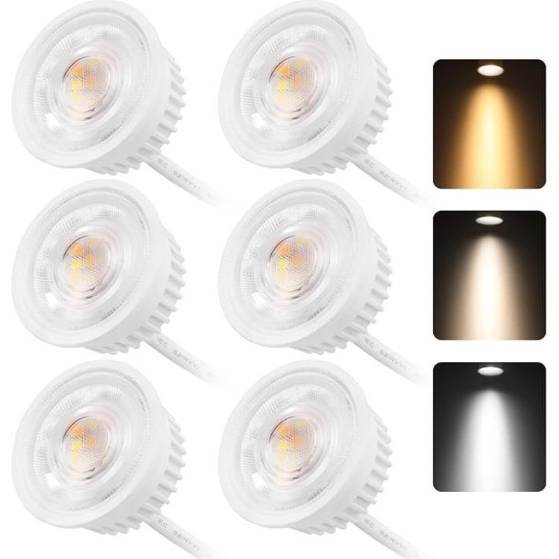 6 LED modulių rinkinys Dimmable Skersmuo 50 x 23 mm, skirtas įleidžiamiesiems prožektoriams Paviršinis prožektorius 4,9 W 500 LM 3CCT Šiltai balta 3000 K Natūraliai balta 4000 K Vėsiai balta 6500 K IP44 Vandeniui atsparus 38° modulis pakeičia GU10 MR16 le