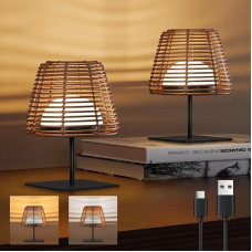 MALUX 2 stalinių šviestuvų pakuotė, belaidis, reguliuojamas apšvietimas, rotango iš bambuko ir medžio, modernus LED stalinis šviestuvas su įkrovimo funkcija, USB, LED stalinis šviestuvas, įkraunamas belaidžiu akumuliatoriumi, dekoratyvinis gamtos stalinis