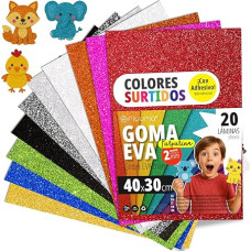 OFITURIA Blizgučių putplasčio guma rankdarbiams, spalvotos putplasčio gumos su blizgučiais, skirtos pasidaryk pats, kūrybiniams projektams, menams ir mokyklai, 40 x 30 cm (10 spalvų asortimentas, 20 vnt.)