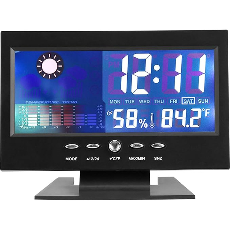 Fdit Digitale Uhr für Temperatur- und Luftfeuchtigkeitsmesser, Uhr für Innenwettervorhersagen, Digitaler Alarmkalender für den Home-Office-Desktop