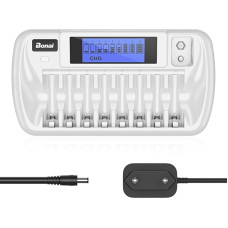 BONAI baterijų įkroviklis Universalus 9 lizdų LCD išmanusis baterijų įkroviklis su iškrovimo funkcija, skirtas AA/AAA/9V bloko NI-MH NI-CD įkraunamoms baterijoms
