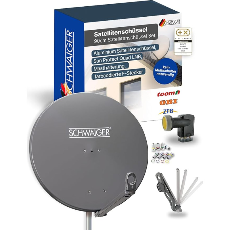 SCHWAIGER palydovinės antenos komplektas - 88 cm skersmens antracito spalvos aliuminio antenos su poslinkiu - įskaitant keturšalį LNB 4 krypčių - skaitmeninės HD ir 4K priėmimo funkcija - integruotas kabelio vadovas ir apsauga nuo oro sąlygų