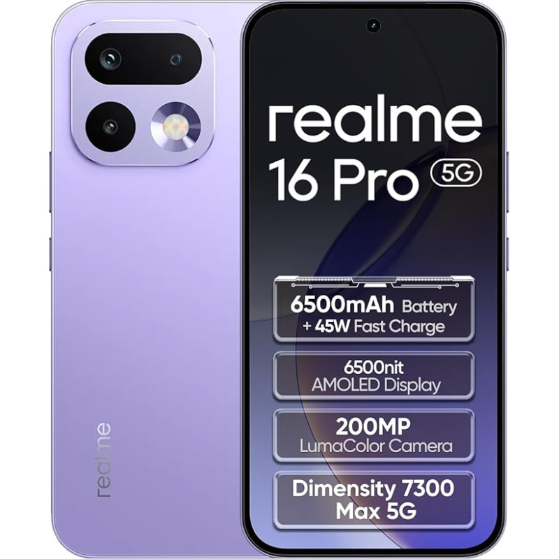 realme 16 Pro 5G išmanusis telefonas 8+256GB,Orchideenlila,MediaTek Dimensity 7300 Max,6,78