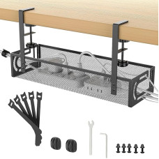 Kabelių kanalų stalas, kabelių dėklo stalas su šonine anga ir laikikliu, kabelių valdymas po stalu, kabelių valdymo stovas, tinka biurui, namams (juodas)