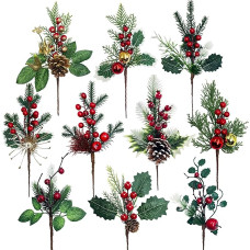 TINA Pack of 10 Artificial Pine Branches Like Real with Pine Cones and Red Berries Decoration Christmas Branches Advent Wreath Fir Green Pine Branches Christmas Decoration for DIY Christmas Wreath