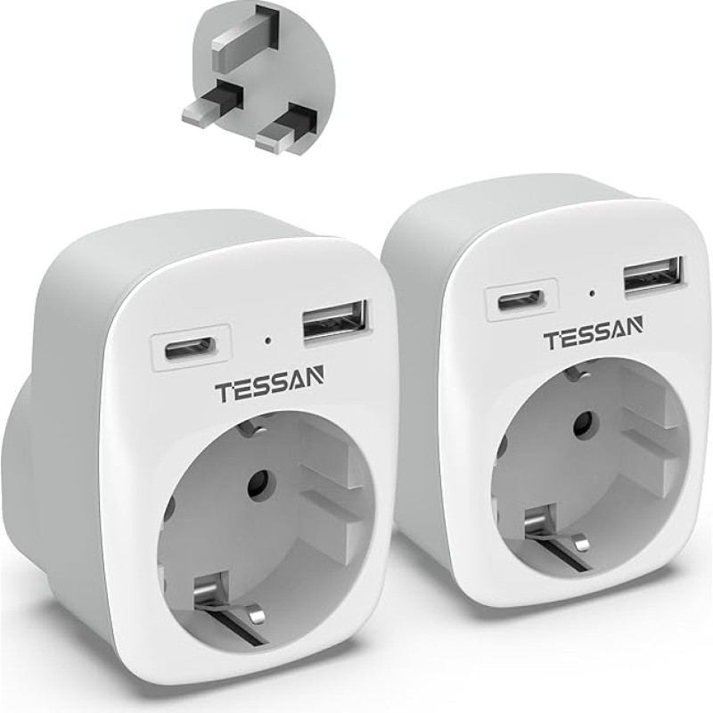 TESSAN 2 pakuotės kelioninis adapteris JK adapteris Anglija Vokietija kištukas su 2 USB kištukiniais lizdais Kelioninis kištukinis maitinimo adapteris Airijai Didžiajai Britanijai Sieninis įkroviklis Įkrovimo stotelės adapterio lizdas