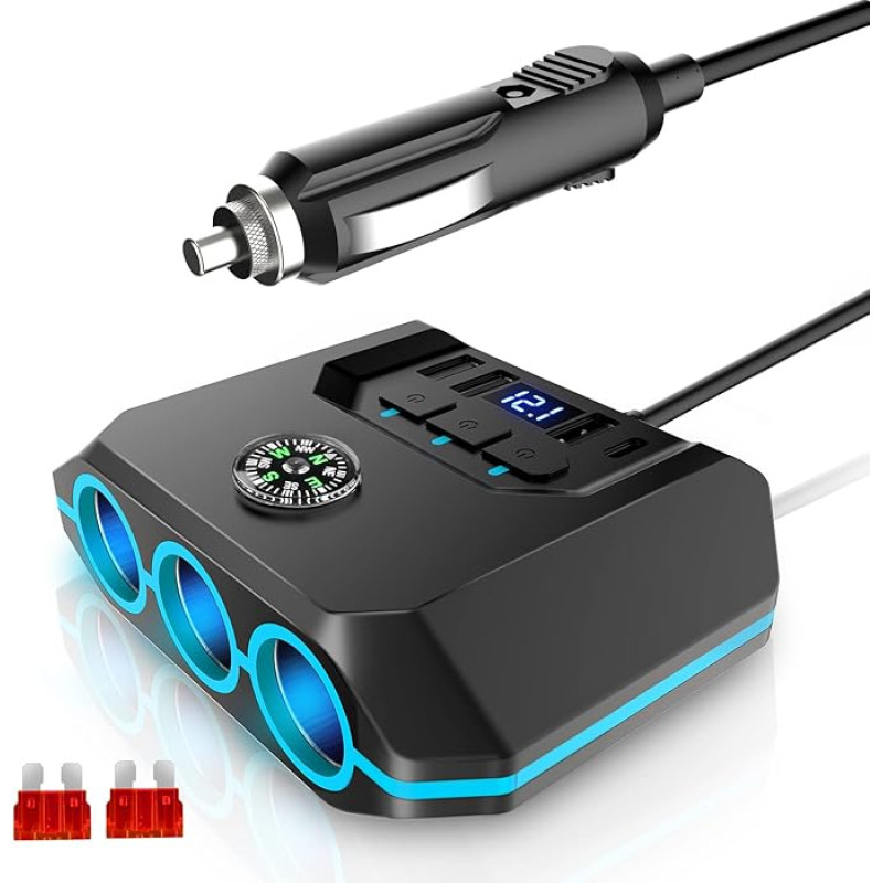 OOWOLF Cigarečių žiebtuvėlio dalytuvo įkroviklio adapteris - QC 3.0 automobilinis trigubas 180 W 12 V / 24 V automobilinis dalytuvo lizdas su voltmetro jungikliu, skirtas GPS prietaisų kamerai telefonui planšetiniam kompiuteriui (šviesiai mėlynas)