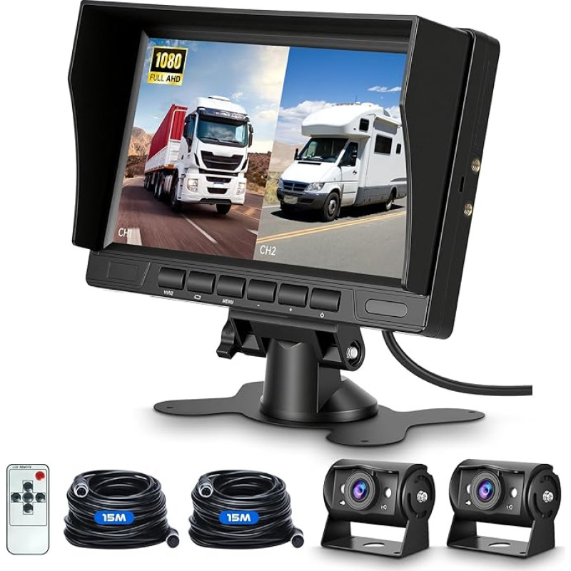 Hodozzy atbulinės eigos kamera 2 kamerų rinkinys su IPS 1080P 7 colių monitoriumi, naktinio matymo IP69 vandeniui atspari dviguba atbulinės eigos kamera, 12 V 24 V kabelio stabilus signalas, atbulinės eigos kamera automobiliui, sunkvežimiui, sunkvežimiui 