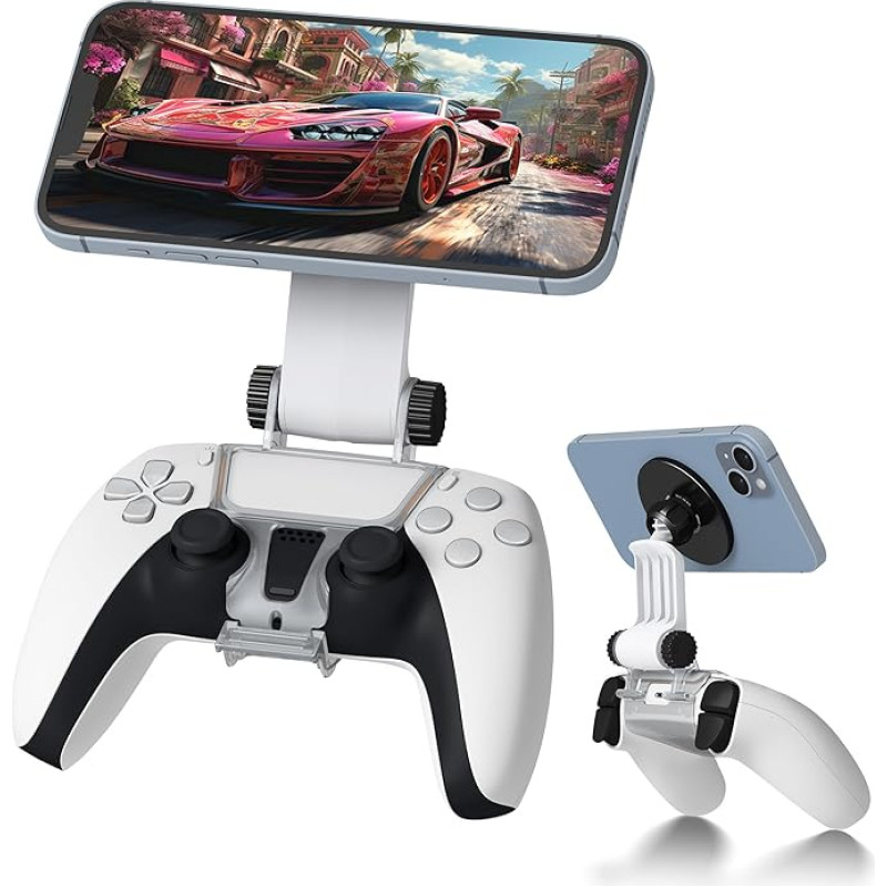 NEWZEROL Magnetinis mobiliojo telefono laikiklis, suderinamas su PS5 Dualsense valdikliu, reguliuojamas Mag-Safe laikiklis, skirtas iPhone ir Android telefonams, nuotolinio transliavimo žaidimams (ne valdiklis), juodas