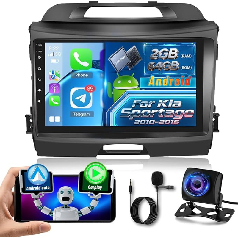 Automobilinis radijas Kia Sportage 2010-2016, [2G+64G] Android 9 colių jutiklinio ekrano automobilinis radijas su belaidžiu Carplay ir Android Car/Bluetooth/WiFi/Bluetooth/EQ/FM RDS radiju