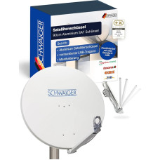 SCHWAIGER palydovinė antena I 90 cm skersmens aliumininė poslinkio antena, šviesiai pilkos spalvos I tinkama įvairiapusiam naudojimui ir atspari oro sąlygoms I SAT dubuo su LNB atramine svirtimi ir stiebo laikikliu I Maksimali priėmimo galia 39,5 dB