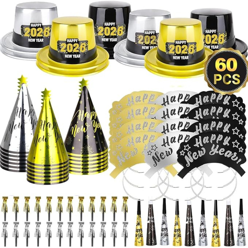 2024 Laimingas Naujųjų metų išvakarių dekoracijų rinkinys Naujųjų metų išvakarės Fringe Cone kepurė su folijos kutais Fassel Fringe Shimmer Headband Blowouts Blower Pearl Necklace vaikams Suaugusiems Naujųjų metų išvakarių vakarėlis