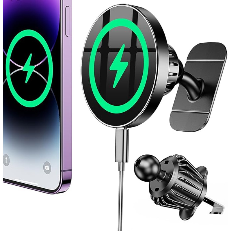 Coolpow Magsafe automobilinis laikiklis su įkrovimo funkcija, stipri magnetinė jėga, mobiliojo telefono laikiklis, automobilinis magsafe įkroviklis, automobilinis magnetinis mobiliojo telefono laikiklis, automobilinis belaidis įkroviklis, skirtas iPhone 1