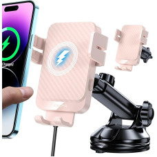 Mobiliojo telefono laikiklis automobilyje su įkrovimo funkcija, 15 W greitas belaidis įkroviklis automobilyje Indukcinis įkrovimo indukcinis automobilinis įkroviklis iPhone 17/16/15/14/14/13/12, Samsung Huawei Xiaomi (rožinis)