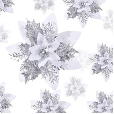 24 Christmas Artificial Glitter Poinsettia Flowers Artificial Christmas Flowers Wedding Decoration Flowers Christmas Tree Decorations with Clips, 6 Inches, 4 Inches, 3 Inches (White)