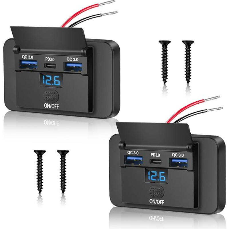 KKMOL USB kištukinis lizdas 12 V automobilinis įkroviklis Mobiliojo telefono greitasis įkrovimas su LED voltmetru 72 W Dvigubas QC3.0 USB ir PD3.0 tipo C greitojo įkrovimo lizdas, skirtas automobiliui Motociklas Sunkvežimis Valtis