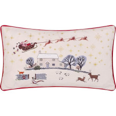 furn. Cotswold Christmas Cushion with Polyester Filling - Festive Embroidered Velvet Cushion with Winter Village Scene (Cream/Burgundy - 30 x 50 cm)