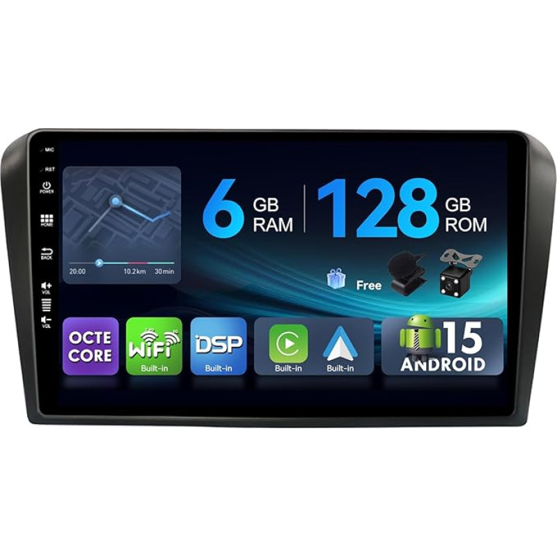 [6G+128G,Octa-Core] - MSD Autoradio für Mazda 3 (2006-2012) | Android 15 GPS Navi Radio | CarPlay Android Auto Lenkradsteuerung Dual-Band WiFi DSP DAB | Rückfahrkamera MIC | 2 Din 9 Zoll