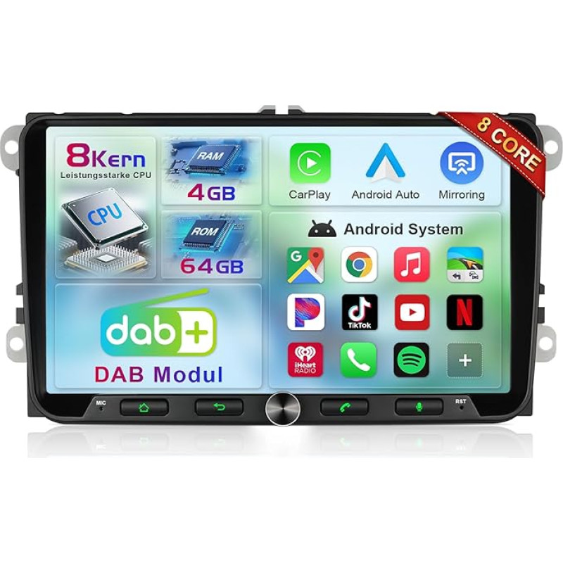 8 branduolių 4+64G Android DAB+ automobilinis radijas su navigacijos ekranu VW Golf 5 6 T5 Polo 6R Passat Caddy Seat Skoda, 9 colių jutiklinis ekranas, belaidis Android Car Carplay, T6 radijas Bluetooth RDS FM GPS WiFi