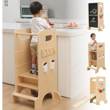 Olvy Kids 4-in-1 Montessori mokymosi bokštas - mokymosi bokštas - medinės laiptų kopėčios - vaikų laiptelis 4 laipteliai - virtuvės bokštas vaikams - stovintis mokymosi bokštas nuo 1 metų - sulankstomi vaikų laiptai