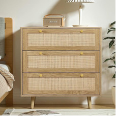 Natural Rattan Chest of Drawers Bedroom Chest of Drawers with 3 Drawers Oak Lots of Storage Space Wooden Drawer Chest of Drawers for Bedroom Living Room Hallway Chest of Drawers 80 x 40 x 91.4