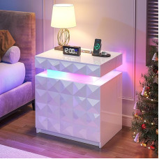 FREDEES LED naktinis staliukas su įkrovimo stotele - naktinis staliukas su 3 stalčiais ir užrakinama, paslėpta laikymo vieta, išmanusis naktinis staliukas su žmogaus jutiklio RGB apšvietimu, baltos spalvos