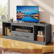YITAHOME 148 cm TV spintelė, skirta televizoriams iki 65 colių, televizoriaus lentyna su 2 medžiaginiais stalčiais ir reguliuojamais lapais, pilkos medienos išvaizdos, saugyklos erdvė, pramogų centras svetainėje