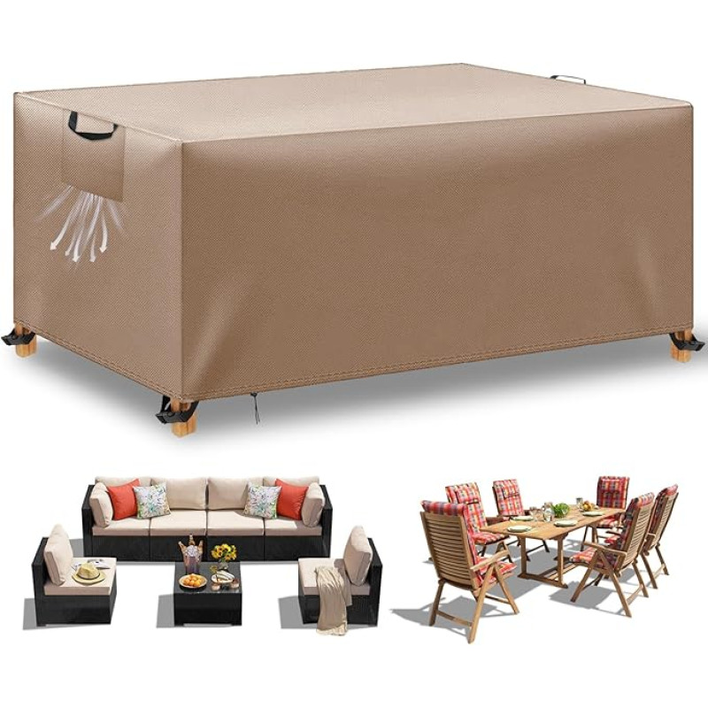 Sodo baldų dangtis Neperšlampamas brezentas Sodo baldai Vėjui atsparus Anti-UV Heavy Duty 420D Oxford audinys, skirtas sėdimųjų vietų grupei Sodo stalai Patio baldai Chaki 200 x 100 x 75 cm