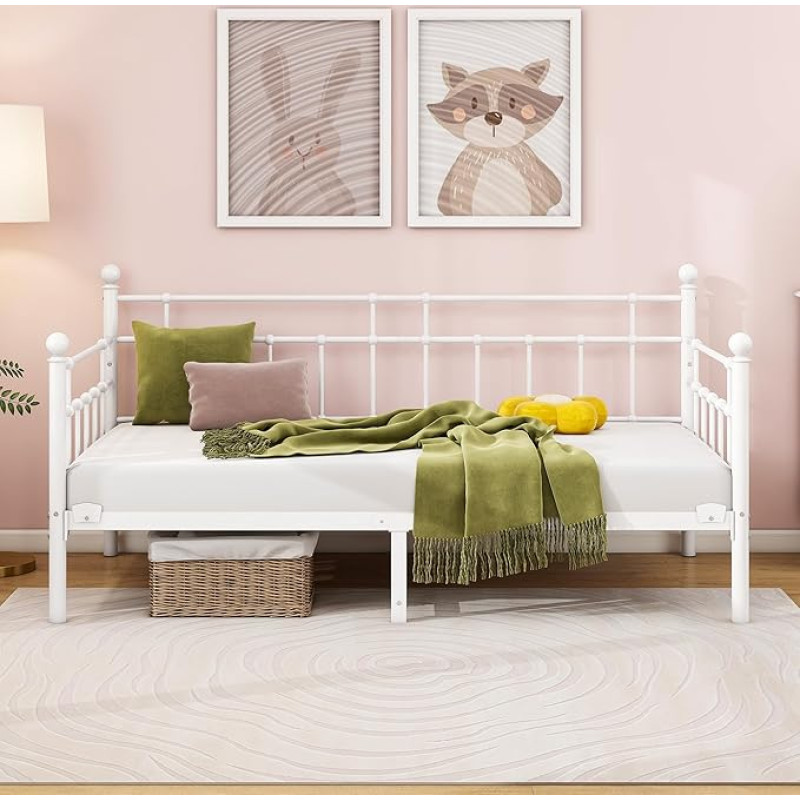 HOMERECOMMEND Day Bed Frame 90 x 200 cm, Metal Bed Sofa Bed 90 x 200 cm with Storage Space Under Bed Frame Youth Bed, Day Bed Frame for Bedroom Living Room, White