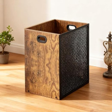 Waste Paper Bin, Vintage 16.8 L, Industrial Style Rubbish Bin Made of Iron and Wood, for Home, Office, 28 x 20 x 30 cm