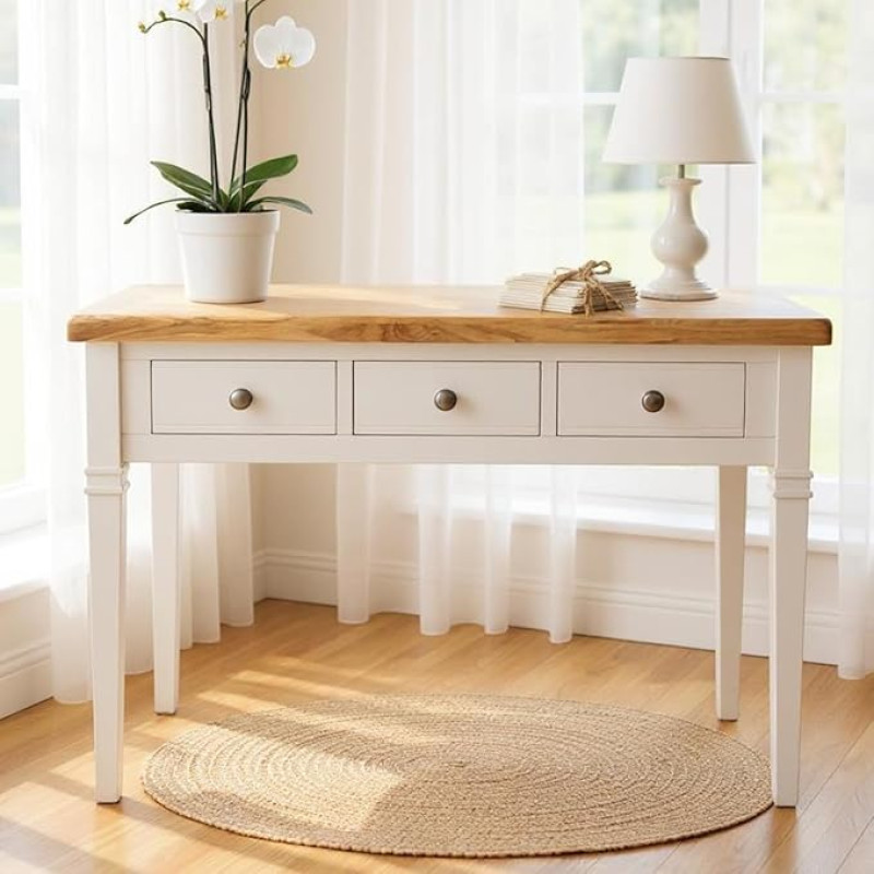GROF furniture Snow White Lacquered Dressing Table Desk, 3 Drawers, Dresser, Dressing Table, Office Table with Oak Top, Solid Wood Desk, Lacquered Console Table for Hallway