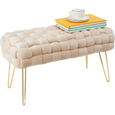 Zedelmaier Modern Velvet Bench, Square Ottoman Footstool with Gold-Coloured Metal Legs, Padded Bench, Knitted Velvet Bench (Beige, 76 x 38 x 41.5 cm)