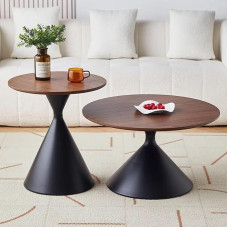 Couchtisch 2er Set, Runde Holzplatte mit Metallsockel, Kreis Nisttische für Wohnzimmer, Schlafzimmer, Büro