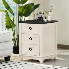 46 cm kaimiško stiliaus naktinis staliukas su 3 stalčiais, šoninis staliukas su stalčiais miegamajame, balti naktiniai staliukai, medinis staliukas prie lovos su metaline rankena, naktinė spintelė svetainėje, miegamajame