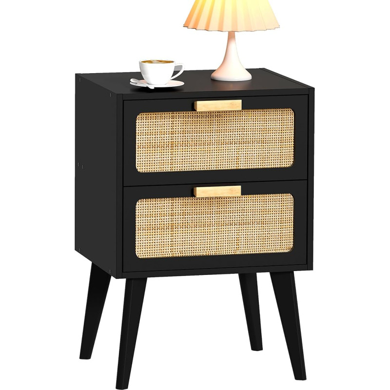 YAUKOMEL DECTG59B Ratano naktinis staliukas, medinis staliukas su 2 rankomis, pagamintas iš rotango, dekoruoti stalčiai, boho naktinis staliukas, sofa su saugykla, skirtas svetainei, miegamajam, juodas