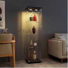FANYUSHOW Stiklinė vitrina, juoda vertikali vitrina, moderni stiklinė medinė vitrina, 4 pakopų stiklinė vitrina kolekcijoms, knygoms, vynui, biurui, svetainei, virtuvei, 164 x 42,5 x 36,5 cm su apšvietimu