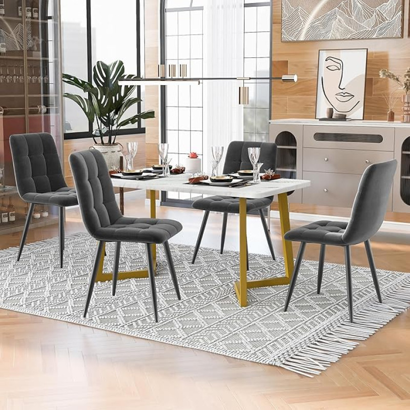 HAUSPROFI Valgomojo stalas su 4 kėdėmis, 68 x 117 x 75 cm, valgomojo stalai, virtuvės stalas su minkštomis kėdėmis, modernus valgomojo baldų komplektas (aksominis, tamsiai pilkas + auksinis)